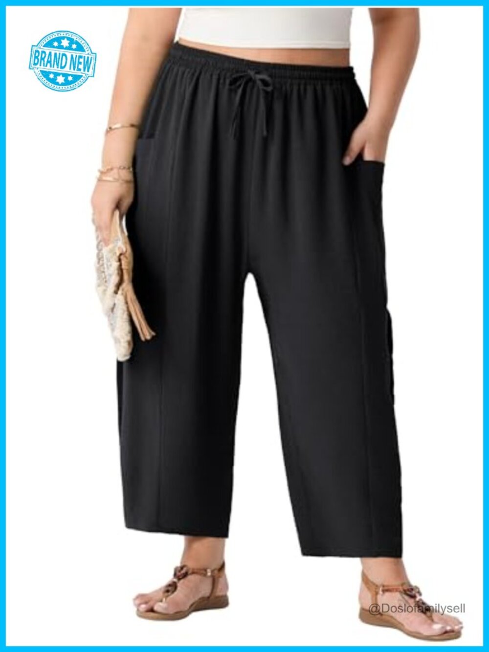 Plus Size Wide Leg Palazzo Pants High Waisted Drawstring Pockets Flowy